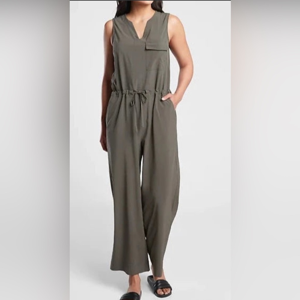 Athleta Khaki Green Topanga Jumpsuit with Drawstring Waist